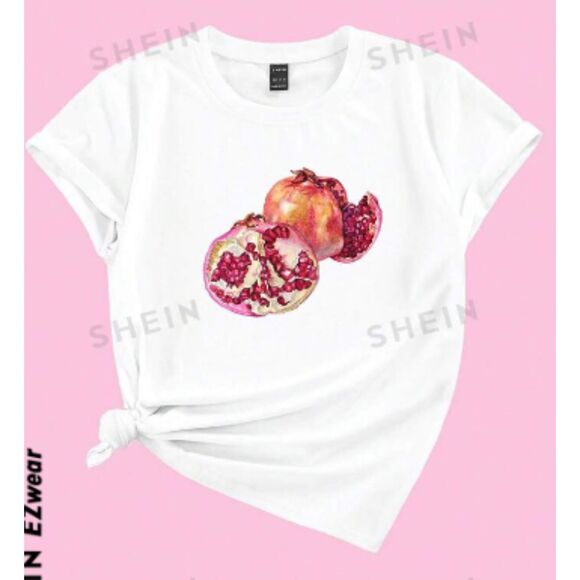 SHEIN EZwear NWT Pomegranate Print Round Neck T-Shirt White - Picture 1 of 5